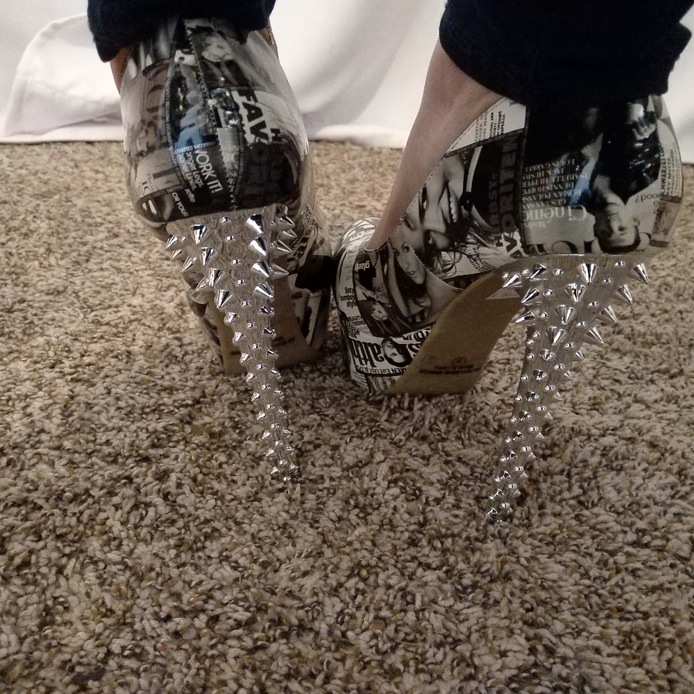 newsprint themed heels